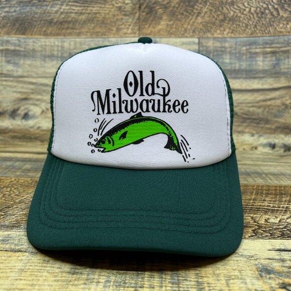 Old Milwaukee Beer Mens Trucker Hat Green Snapback Vintage Fishing Logo Ball Cap - Picture 2 of 8